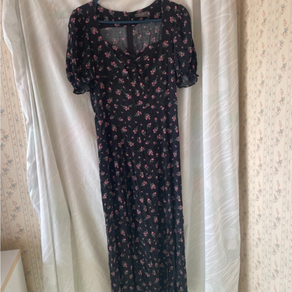 Black Floral Puff Sleeve Midi/Maxi Dress with Pink Rose Print